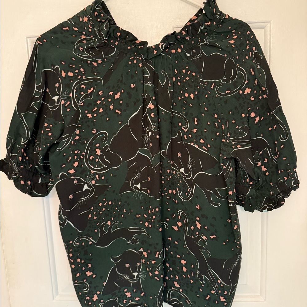 Corey Lynn Calter Green Ruffled Panther Short Sleeve Blouse